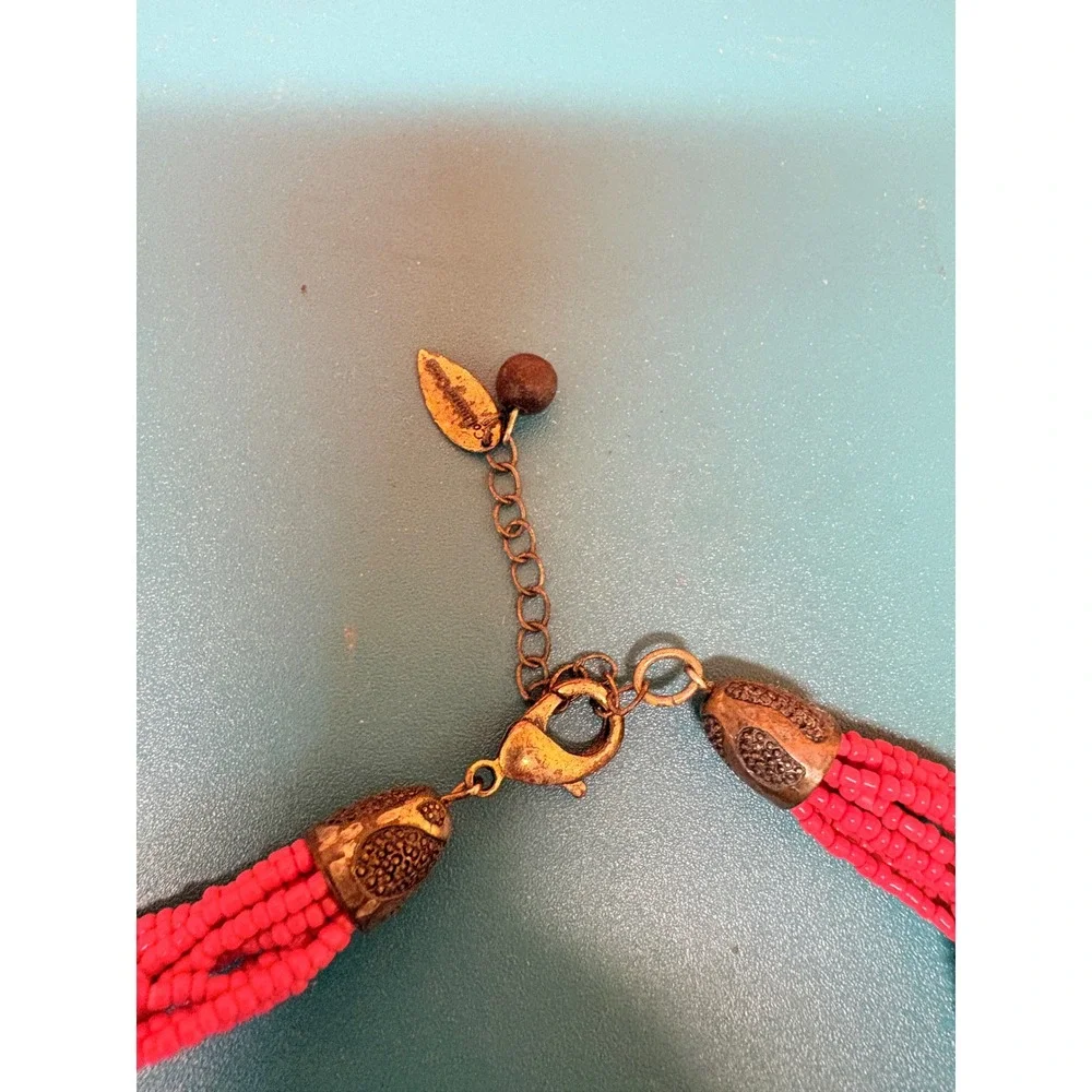 Coldwater Creek Red Seed Bead Chunky Brown Wood Multistrand Statement Necklace